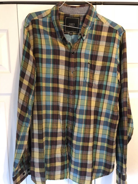 EUC! Mens XXL 100% Cotton Multi-color Flannel Obey L/S Button Up Casual Shirt | eBay