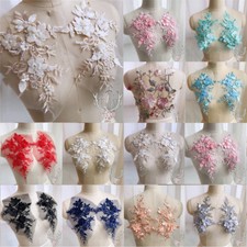 1Pairs 3D Flower Embroidery Bridal Lace Applique Pearl Beaded Wedding Applique