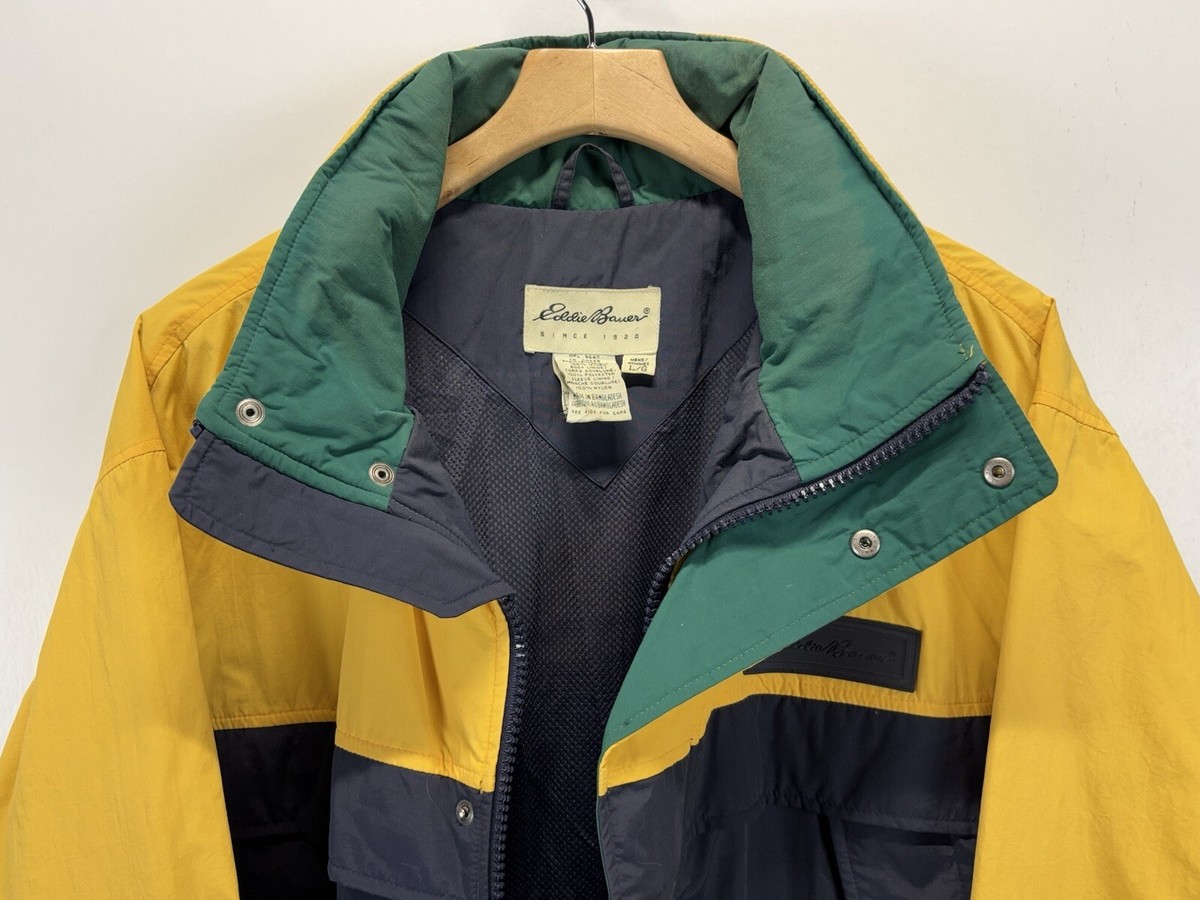 Vtg Eddie Bauer Jacket Sz Large Mens Yellow Navy Colorblock
