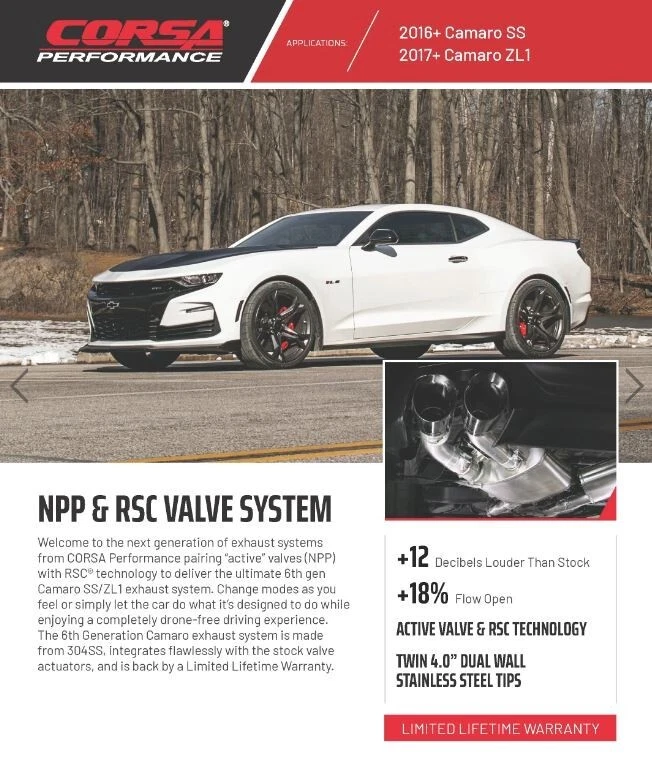 2016-2023 CAMARO: CORSA Dual Mode Axle-Back Exhaust (QUAD CHR 4.0" Tips) (14789) - Изображение 4 из 4