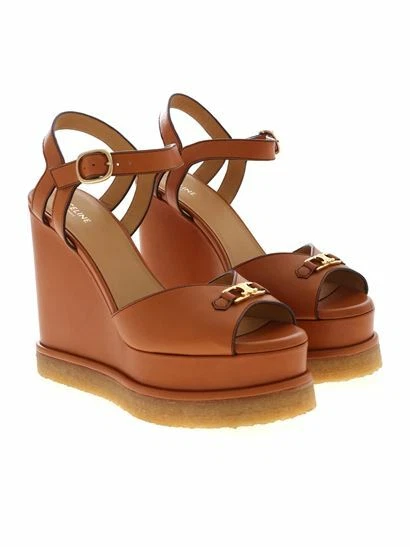 Celine Wedge Sandal Golden Logo Open Toe Calfskin Authentic New US 5, 8