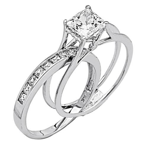 2 Ct Created Diamond Princess Real 14K White Gold 2-Piece Engage Ring Band Set - Picture 1 of 5