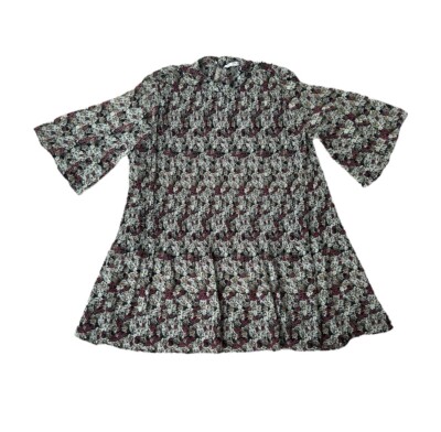 Zara Basic Dress Womens Size Medium Swing Floral Pleated Mini Dress Bell Sleeves