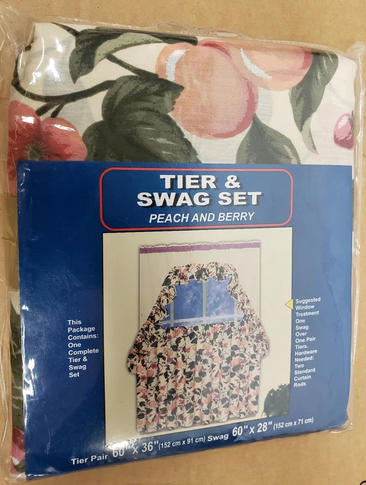 Juego de cortinas de cocina: 2 niveles (60"x36") y swag (60"x28") melocotón y bayas, UBI Foto 2 de 4