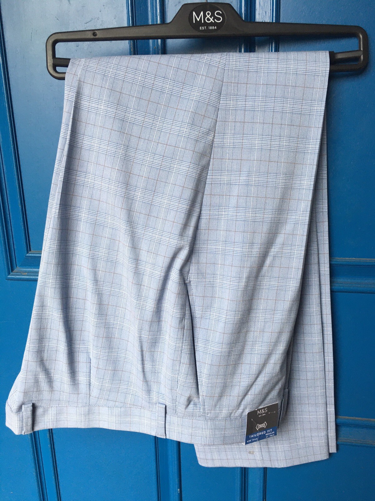 Brand New M&S Pale Blue Checked Tailored Fit Suit Size 38R / 32R - RRP £119 image 2