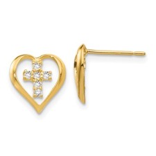 Real 14kt Yellow Gold Madi K CZ Children's Heart Cross Post Earrings