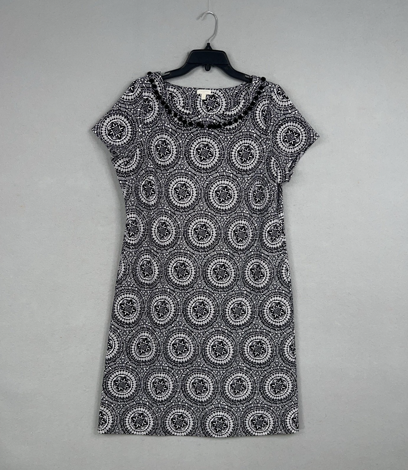 Talbots Dress Womens Large Black White Medallion Shift Pom Pom Neckline Stretch