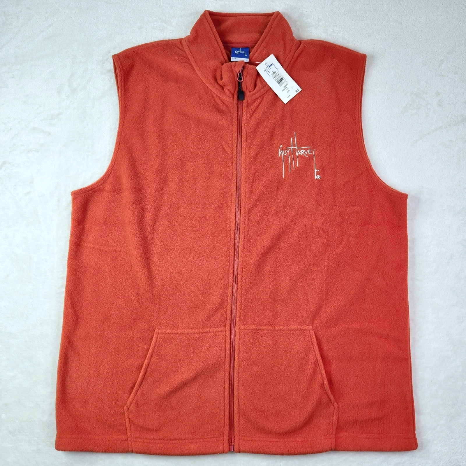 GUY HARVEY Vest Mens Size Large Full Zip Embroidered Pockets Sleeveless Orange