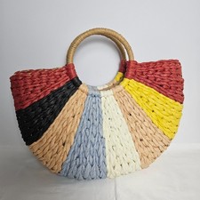 Woven Straw Bag Summer Circle Tote Bag Boho Coastal Chic Summer Colorful Handbag