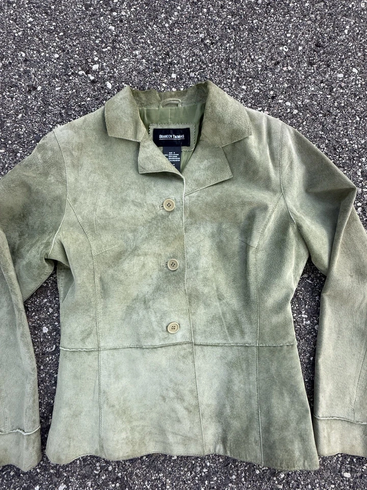 Brandon Thomas 100% Leather Jacket Women’s Small Green Suede Blazer Style Coat - Image 2 of 4