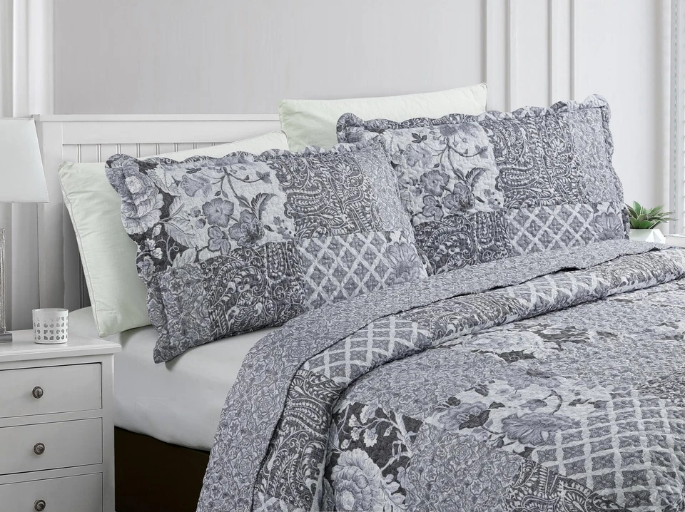 Retazos Flores Grises, Juego de Edredón de 3 Piezas con 2 Fundas, Colcha Reversible,... Foto 3 de 4