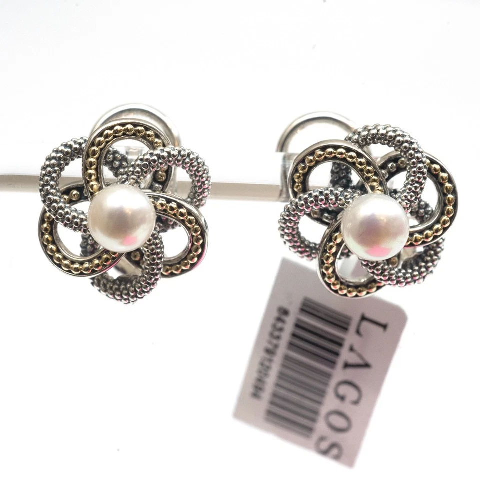Nuevos Pendientes LAGOS Plata de Ley Oro 18K Nudo de Amor Perla 18mm Omega Clip Foto 2 de 4