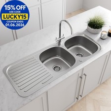Stainless Steel 2 Bowl Double Kitchen Sink Reversible Drainer Inset Basket Waste