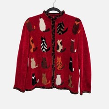 Susan Bristol Ltd. Vintage Womens L Red Cat Print Full Zip Sweater 2288