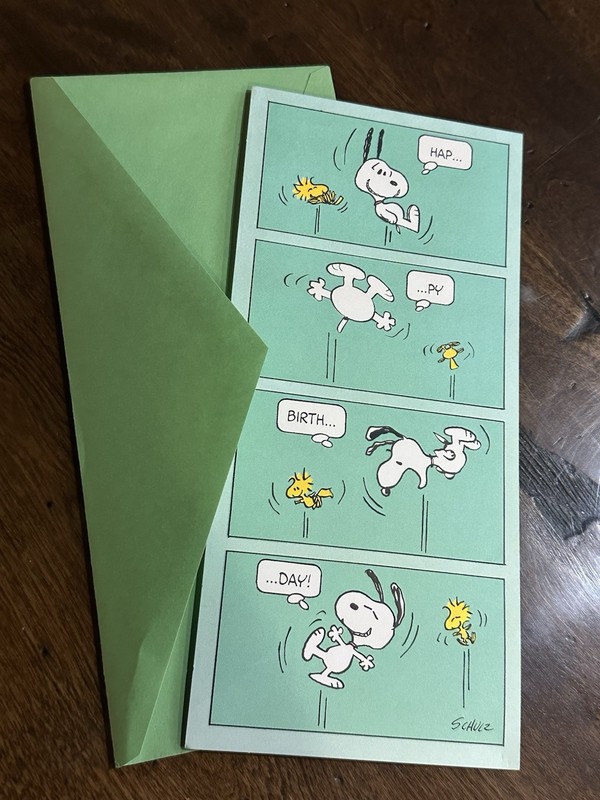 Vintage New Snoopy Peanuts Happy Birthday Card Trampoline NOS Hallmark Green
