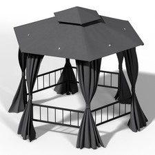 1.6m Deep Grey Hexagonal Gazebo w/Zipped Side Curtains&Fences Outdoor Sunshelter