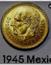High Grade 1945 Mexico 22k. Gold 2 1/2 Pesos .0603 oz - 2.1 gr.