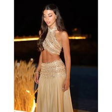 Fashion Boho Sexy Glitter Beading Crystal Pearls Prom Gown Charming Slim A Line