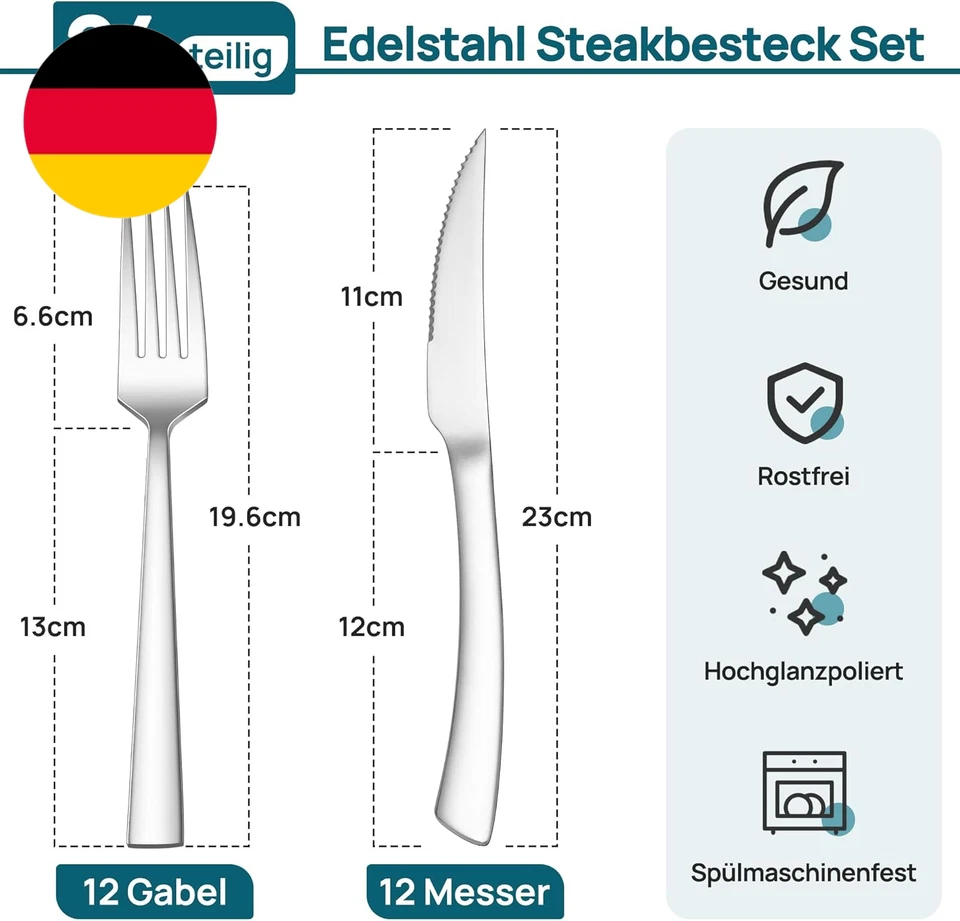 Herogo Steakbesteck Set, 24-Teilig Edelstahl Messer Und Gabel Set Für 12 Persone - Bild 2 von 4