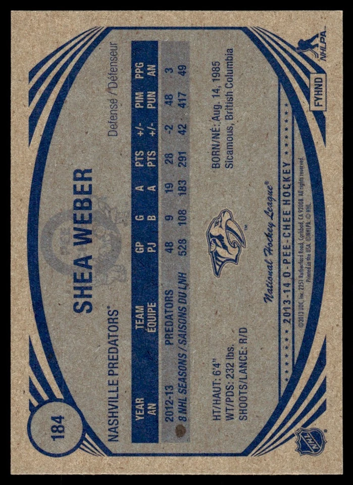 2013-14 O-Pee-Chee Retro Shea Weber Nashville Predators #184 - Image 2 of 2