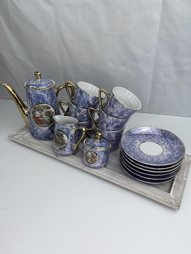 Vintage Unique Purple Marble And Gold 15pc Tea Coffee Set Teacups Romantic Scene - Picture 2 of 14