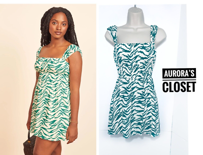 S Reformation 6 White Zebra Darlin Mini Dress Flutter Sleeve Green