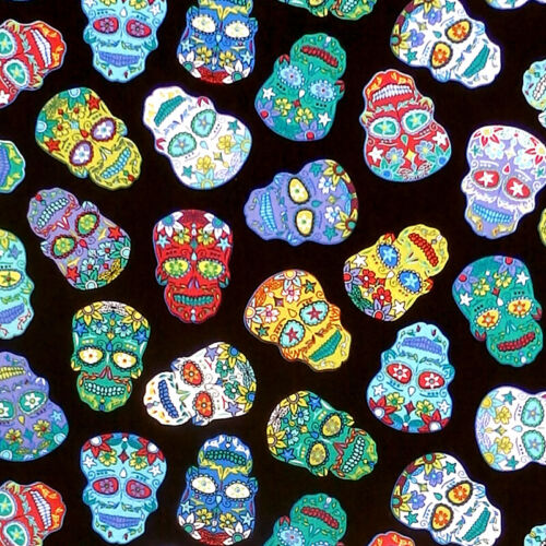 Nutex SUGAR SKULLS Mexican Candy Skull Day of the Dead Fabric - Black - Afbeelding 1 van 3