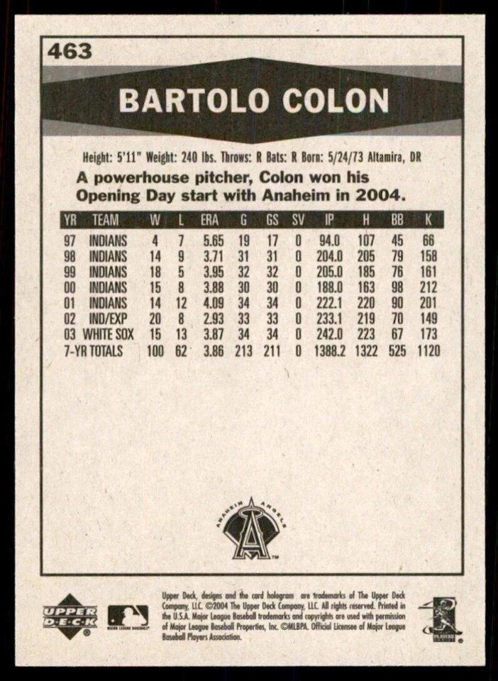 2004 Upper Deck Vintage Update Bartolo Colon Anaheim Angels #463 - Image 2 of 2