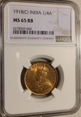 India 1/4 Anna 1918C NGC MS 65 RB