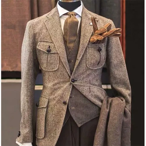 Tweed Chester Coat 80‘s Vintage 50%OFF！ Tweed Men's Suits Vintage Herringbone Wool Blend Safari Jacket