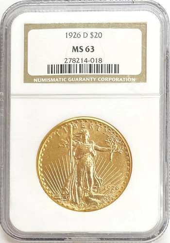 1926 D GOLD USA NGC MINT STATE 63 SAINT GAUDENS $20 DOLLAR 