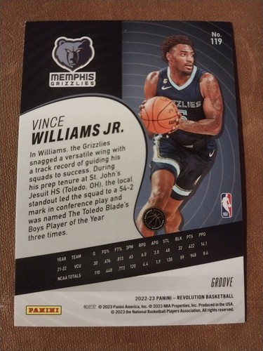 2022 VINCE WILLIAMS JR PANINI REVOLUTION GROOVE ROOKIE CARD #119 RC GRIZZLIES - Picture 2 of 2