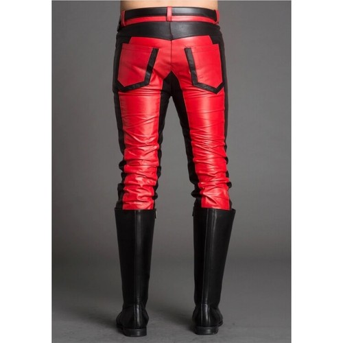 Leather Pants Men's Pant Real Men Biker Trousers Jeans Style Motorcycle Red 18 - Picture 2 of 4