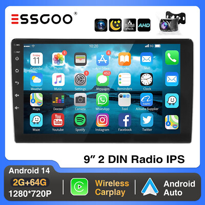 9'' Android 14 Carplay Stereo Head Unit 2 DIN GPS NAVI FM Radio 64G BT AHD Camera