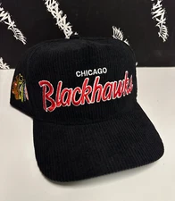 NWT '47 Chicago Blackhawks Retro Script Logo Black CORDUROY Hitch Snapback Hat