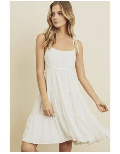 DRESS FORUM LOS ANGELES Swiss Dot Mini Dress White Medium Tiered Lined Rayon NWT