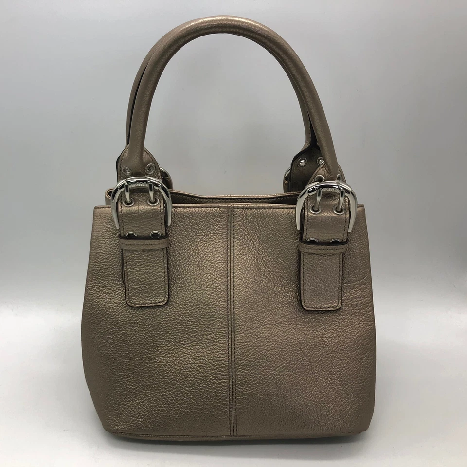 Tignanello Bolso de Mano de Cuero Dorado Cartera Cubo Correas Ajustables Herrajes Plateados Foto 4 de 4