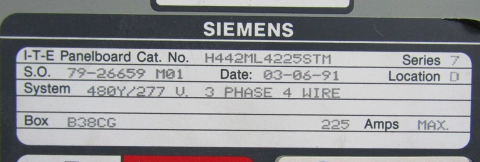 😃 SIEMENS 225 AMP MAIN LUG PANELBOARD 480Y/277 VAC 42 CIRCUIT H442ML4225STM - Image 2 of 4