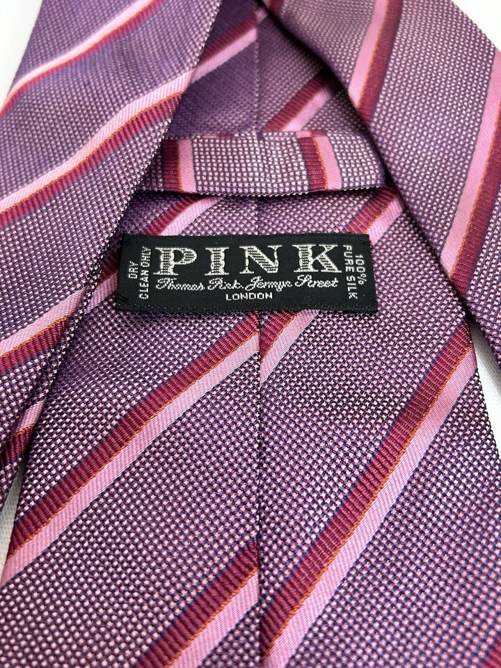 Corbata Thomas Rosa Para Hombre Hecha en Francia Rosa 100% Pura Seda Regata Rayas Foto 3 de 4