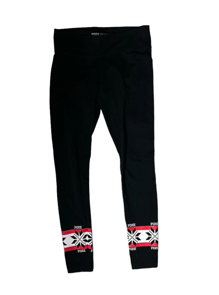 Леггинсы Victoria Secret розовые маленькие для йоги опрятные черные снежинки праздничные спортивные - Изображение 2 из 4