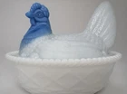 Vintage Milk Glass Hen on Nest Blue Slag Head Covered Dish Westmoreland Style
