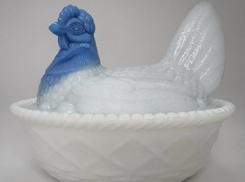 Vintage Milk Glass Hen on Nest Blue Slag Head Covered Dish Westmoreland Style