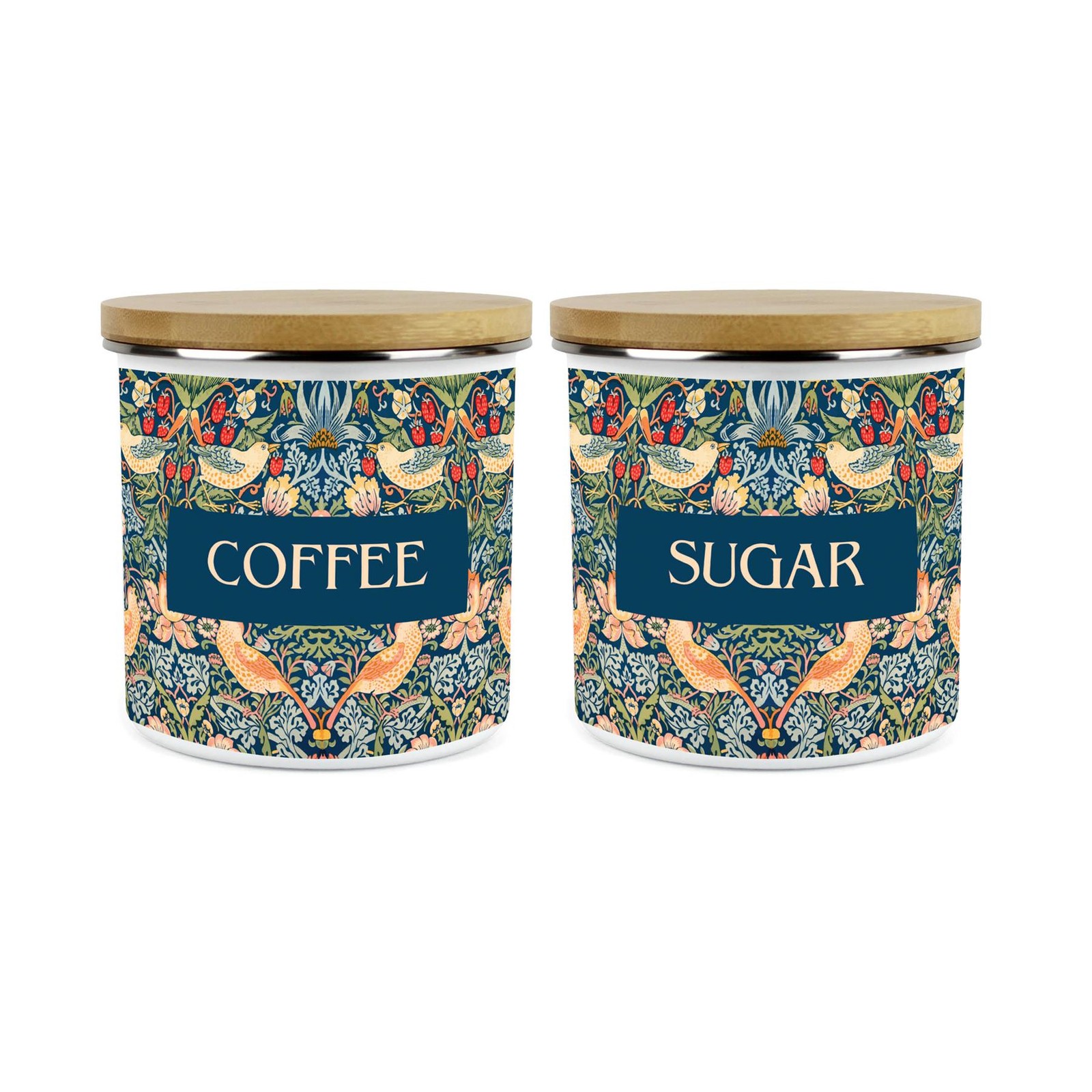Blue Strawberry Thief Coffee & Sugar Storage Canisters - Enamel Jars Set