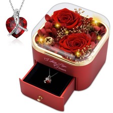 Preserved Red Rose with Heart Necklace, Eternal Real Rose Jewelry Box Gifts f...