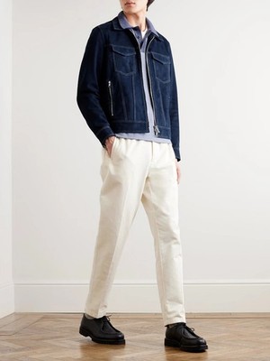 Blue Spread Collar Racer Motorcycle Biker Real Suede Leather Jacket For Men