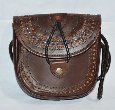 Hand Made Leather Crossbody Braided Strap Saddle Bag Purse Brown