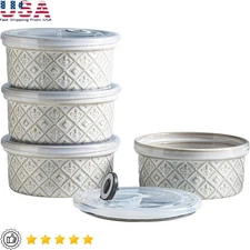 Durable Heat-Resistant Ceramic Ramekins W/ Airtight Lids Baking Serving Storage