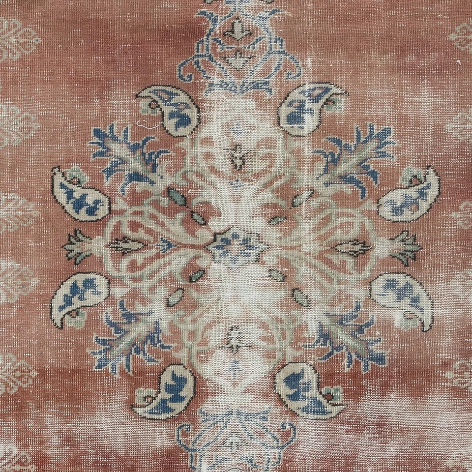 6.3x10 Ft Handmade Turkish Vintage Rug in Soft Red, Beige with Blue Solid Border - Image 4 of 4