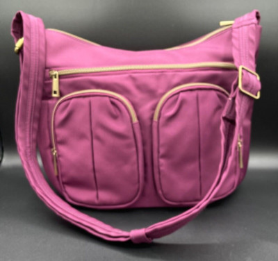 Travelon Anti Theft Dark Purple Nylon Multi Pocket Shoulder Travel Bag