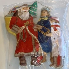 VTG Lillian Vernon Embroidered Fabric Gold Thread Christmas Santa Ornament NEW